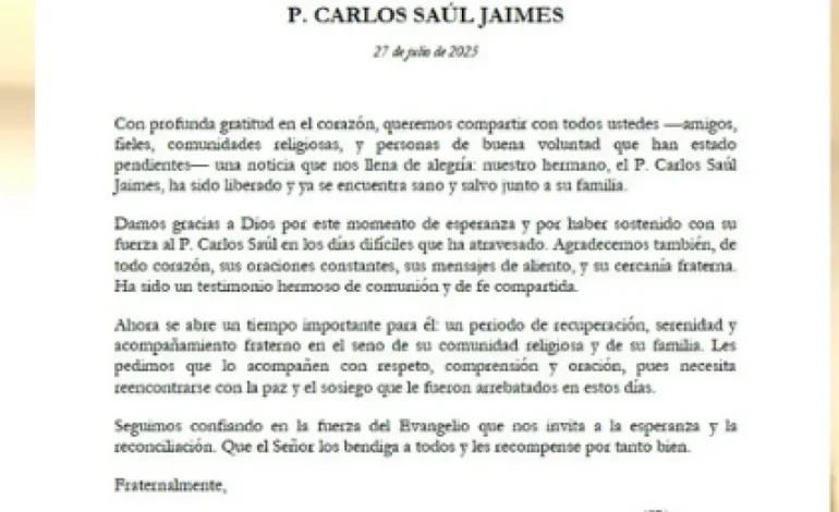 La orden de San Agustín confirma la liberación del padre Carlos Saúl Jaimes después de 40 días de desaparición en Viotá

 – Primer plano