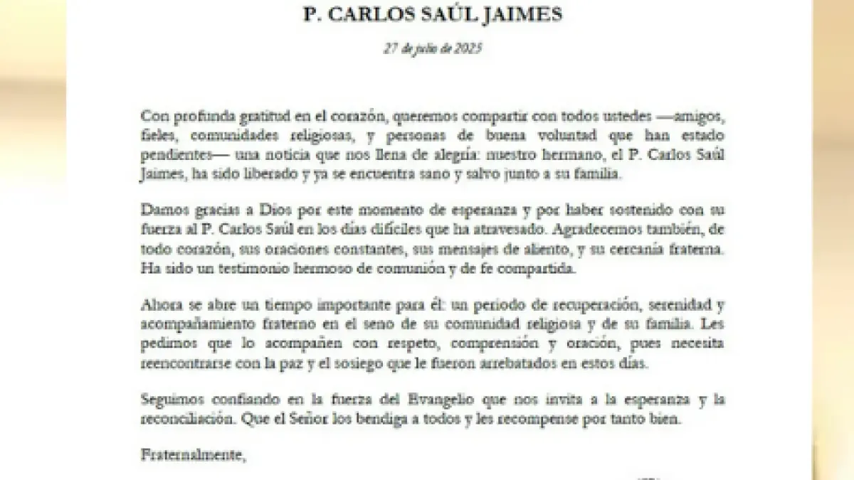 La orden de San Agustín confirma la liberación del padre Carlos Saúl Jaimes después de 40 días de desaparición en Viotá

 – Primer plano