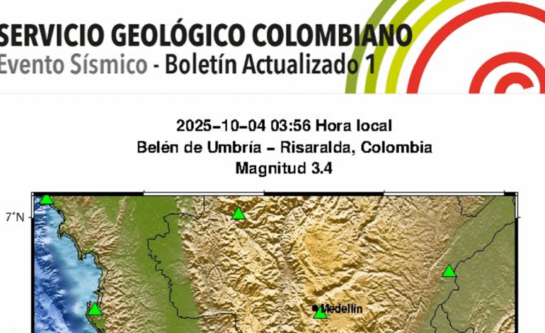 Temblar en Colombia hoy 4 de octubre El Servicio Geológico Colombiano ha informado un terremoto con más de 3 puntos: Epicentro y más detalles
 – Primer plano