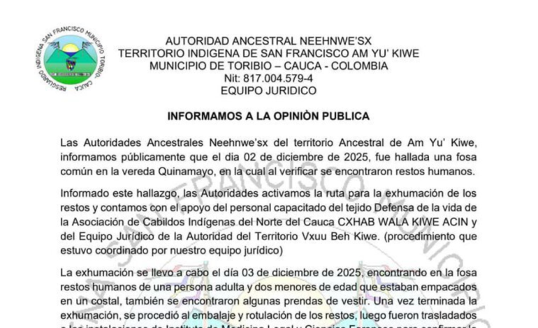 Tragedia en el Cauca | Encuentran los restos de una mujer y dos niños en la tumba: los indígenas temen que sean adultos y los dos niños están desaparecidos desde 2022.

 – Primer plano