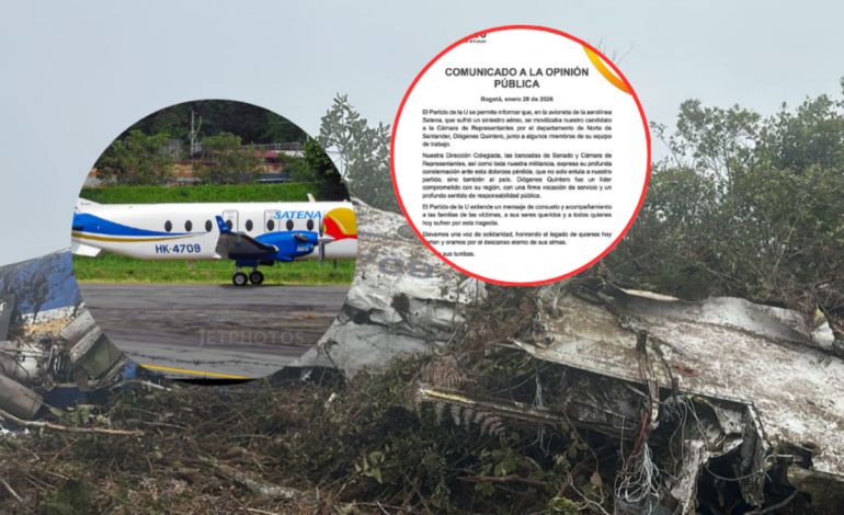 El Partido de la U se pronuncia tras el hallazgo del avión estrellado en el que viajaba el congresista Diógenes Quintero en Norte de Santander: «Una pérdida dolorosa»

 – Primer plano